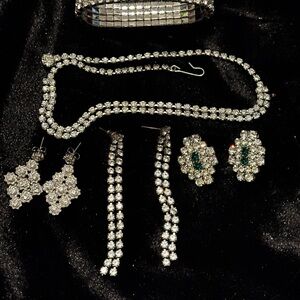 Vintage Silver and white Green rhinestones Earrings(3 pairs),bracelet,necklace